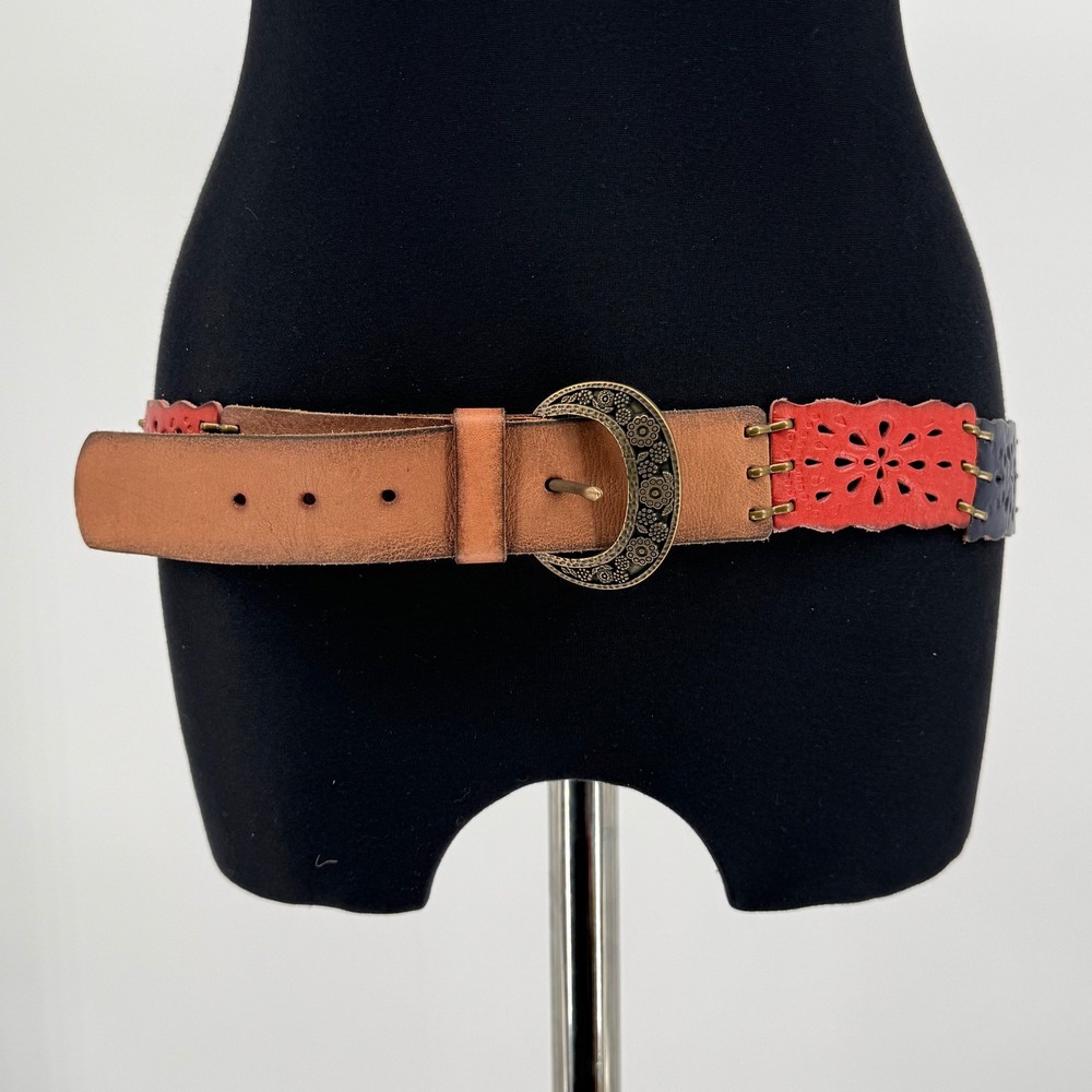 Fossil Womens Leather‎ Belt Distressed Buckle Floral Cutout Tan Red Blue Size L